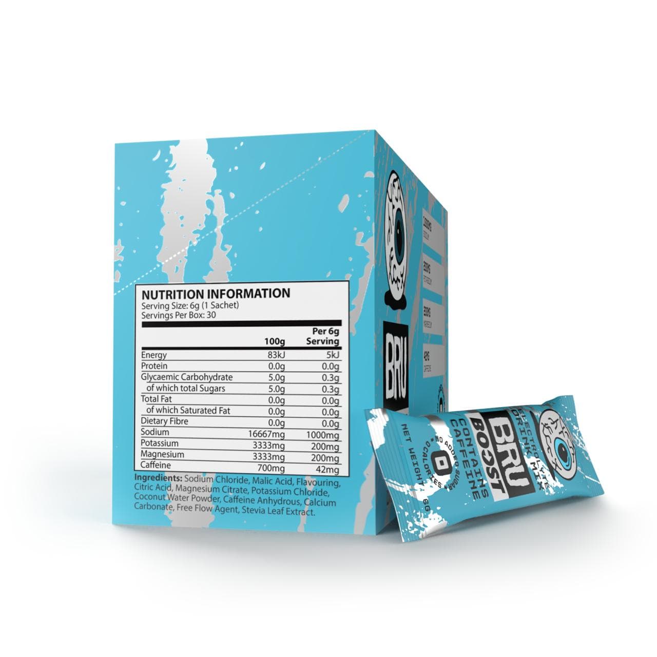 Box and single pack of Bru Boost Energy Drink Mix on a white background