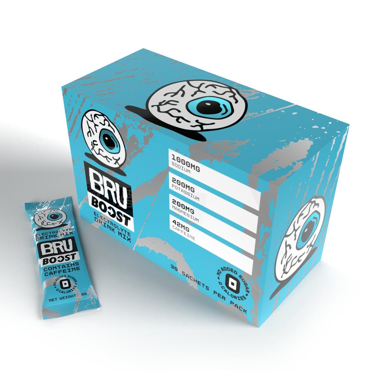 BRU BOOST energy drink mix box and single packet on a white background