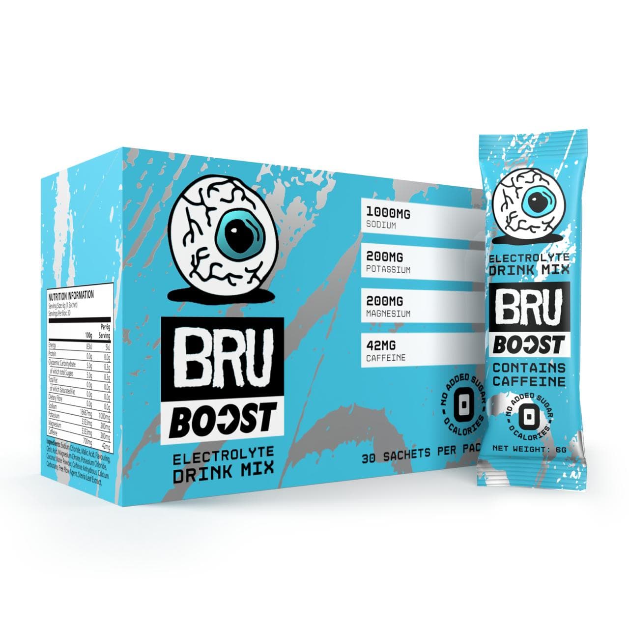BRU Boost electrolyte drink mix packaging on a white background