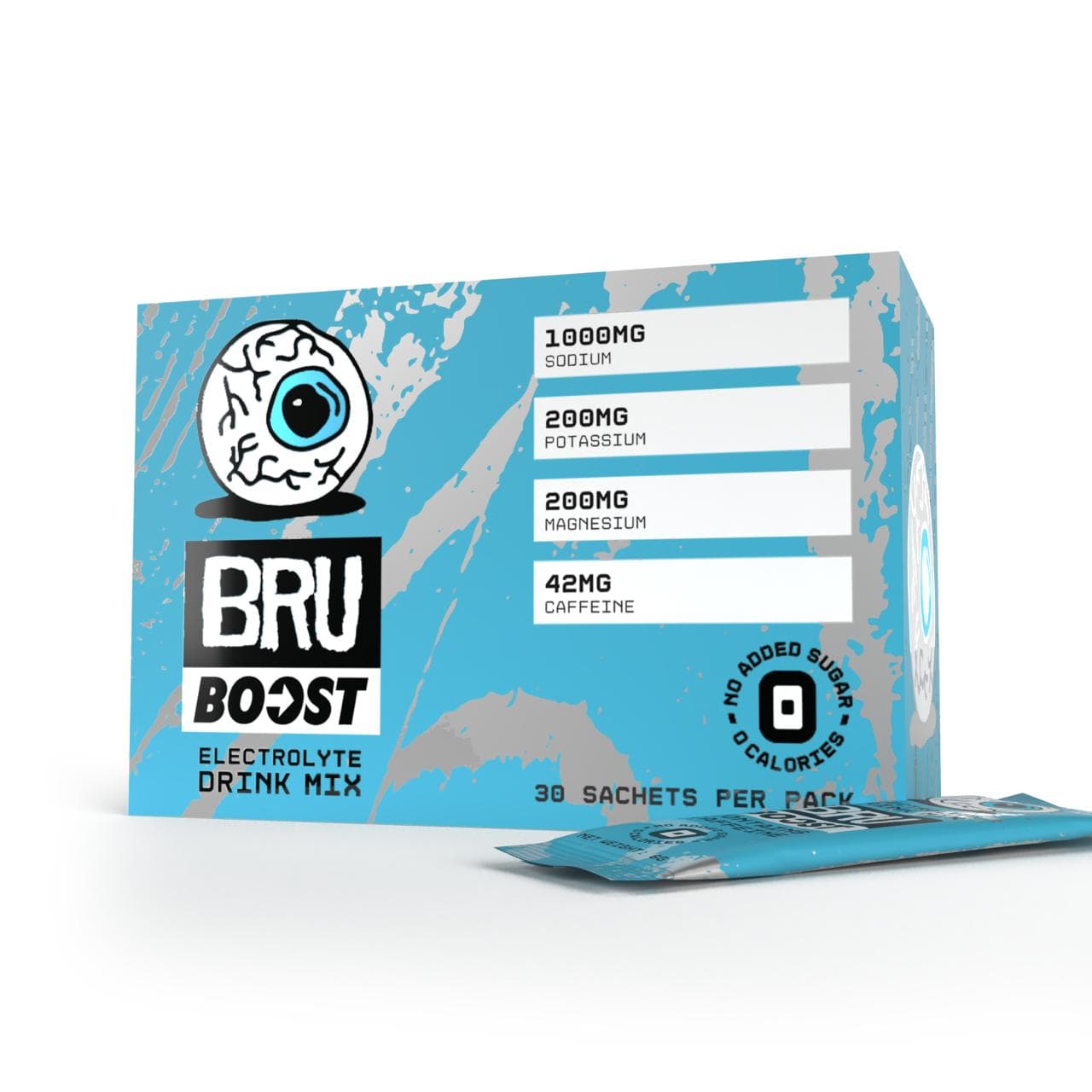 BRU Boost electrolyte drink mix packaging on a white background